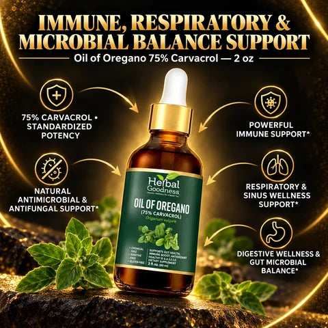 A dark amber glass bottle of herbal goodness oregano oil 75 percent carvacrol for gut health and immune support