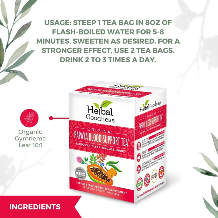 Papaya Blood Support Tea - 24/2g Blood Cleanse, Platelet & Immune Support - Herbal Goodness Tea & Infusions Herbal Goodness 