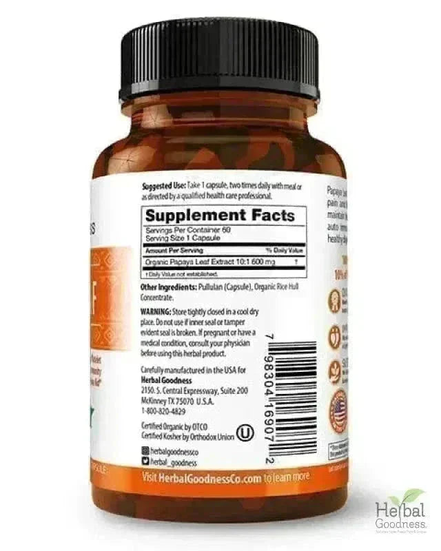 Papaya Leaf Extract - Capsules 600mg - 10X Strength - Herbal Goodness Capsules Herbal Goodness 