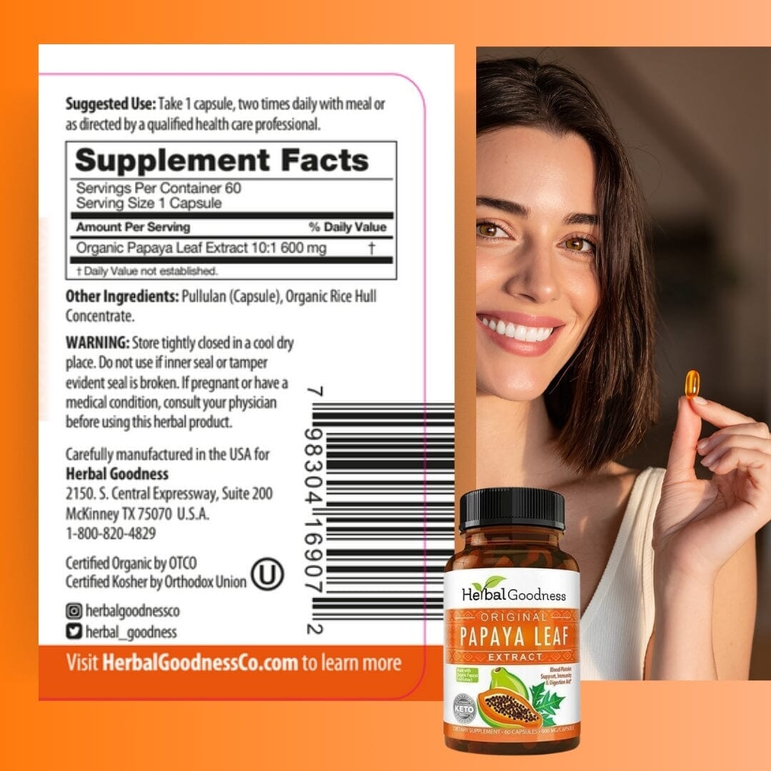 Papaya Leaf Extract - Capsules 600mg - 10X Strength Capsules Herbal Goodness 