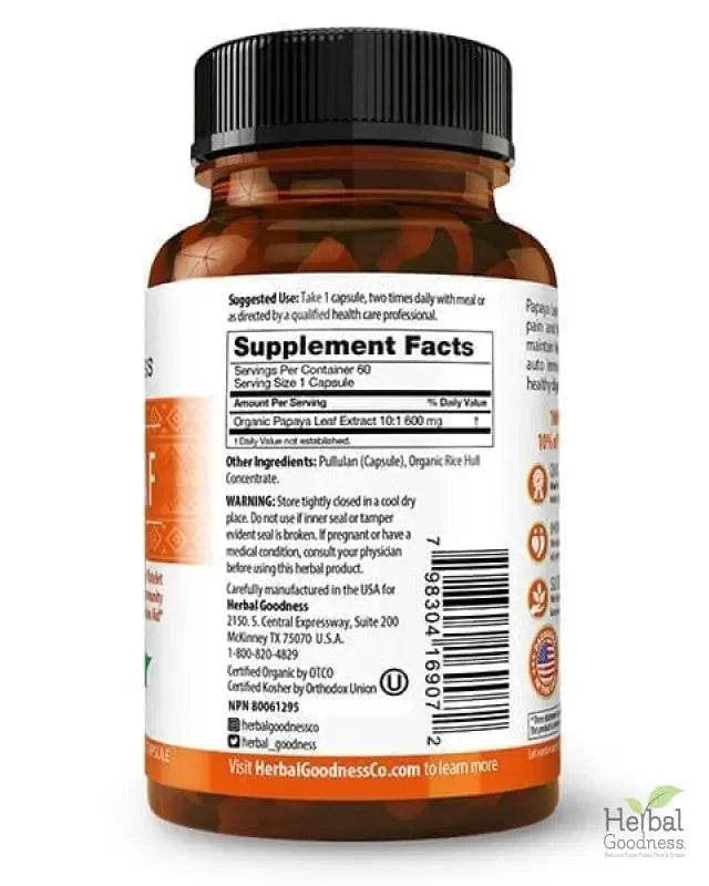 Papaya Leaf Extract - Capsules 600mg - 10X Strength Capsules Herbal Goodness 
