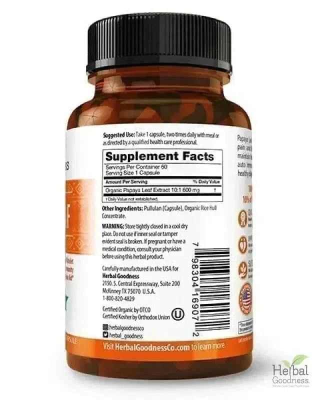 Papaya Leaf Extract - Capsules 600mg - 10X Strength - Herbal Goodness Capsules Herbal Goodness 