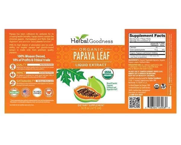 Papaya Leaf Extract - Organic - Liquid - 16oz - Platelets, Digestion & Immunity - Herbal Goodness Liquid Extract Herbal Goodness 