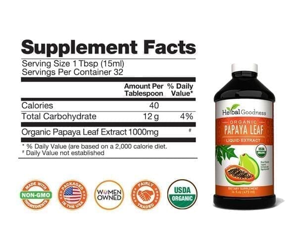 Papaya Leaf Extract - Organic - Liquid - 16oz - Platelets, Digestion & Immunity - Herbal Goodness Liquid Extract Herbal Goodness 