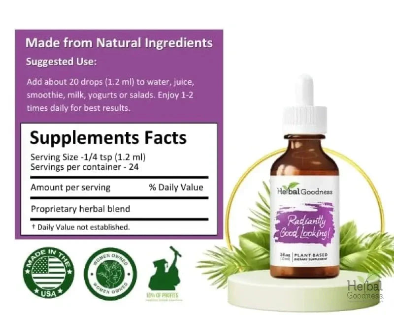 Radiantly Good Looking 2fl.oz - Plant Based - Dietary Supplement, Promote Healthy, Vibrant Skin - Herbal Goodness Liquid Extract Herbal Goodness 