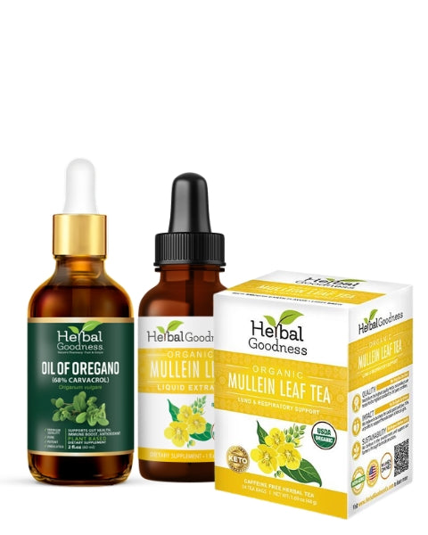 Respiratory Defense bundle – mullein leaf liquid extract, mullein tea, and oil of oregano by Herbal Goodness