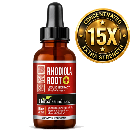 A brown glass bottle with a black dropper cap containing herbal goodness rhodiola root liquid to uplift mood and stamina