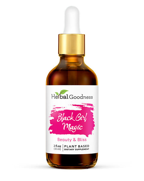 Herbal goodness sassy wellness drops black girl magic beauty in amber glass bottle with gold dropper cap for mood support
