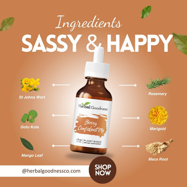 A brown glass dropper bottle of sassy wellness drops with white cap and herbalgoodness label for mood support