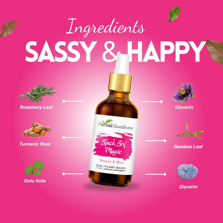 A brown glass bottle of sassy wellness drops with a gold dropper cap labeled black girl magic by Herbal Goodness