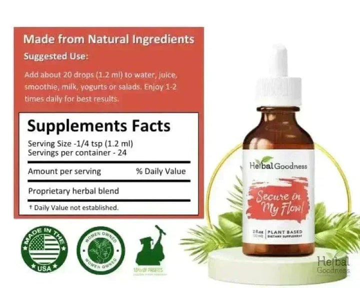 Secure in my Flow 2fl.oz - Plant Based - Dietary Supplement, Ensure Comfortable Menstrual Cycle Liquid Extract Herbal Goodness 