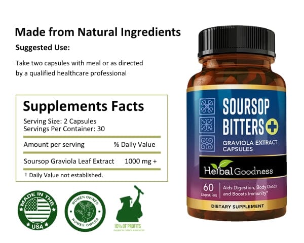 Soursop Bitters Extract Plus - Capsules 60/600mg - Body Detox - Herbal Goodness - Herbal Goodness