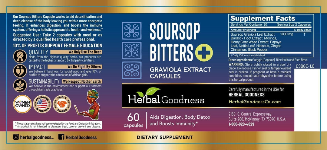 Soursop Bitters Graviola Extract - 120/1000mg Capsules - Immunity & Wellbeing Capsules Herbal Goodness 