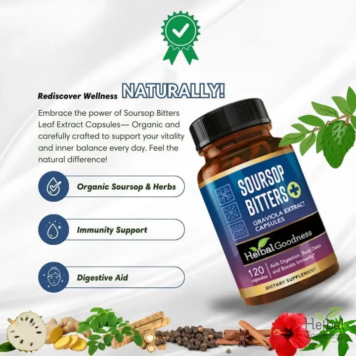 Soursop Bitters Graviola Extract - 120/1000mg Capsules - Immunity &amp; Wellbeing Capsules Herbal Goodness 