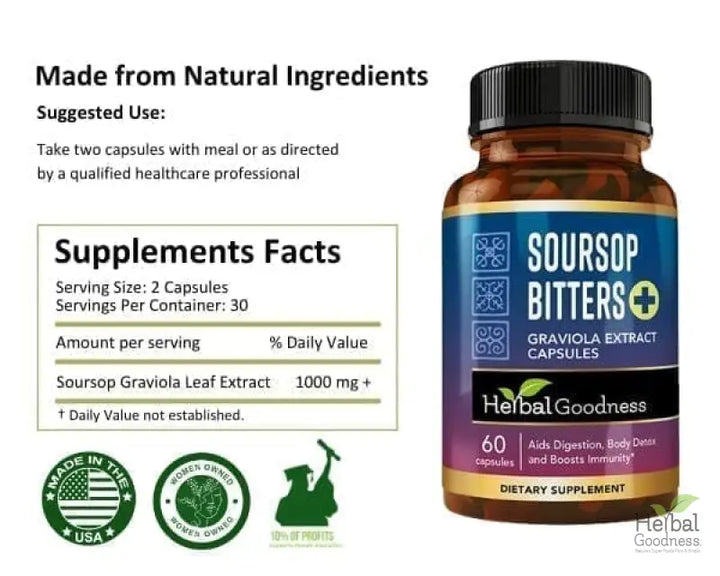 Soursop Bitters Graviola Extract - 120/1000mg Capsules - Immunity &amp; Wellbeing Capsules Herbal Goodness 