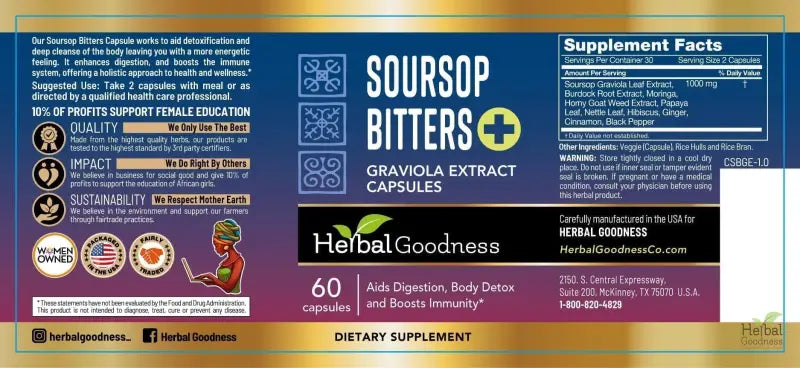 Soursop Bitters Graviola Extract - 120/1000mg Capsules - Immunity &amp; Wellbeing Capsules Herbal Goodness 