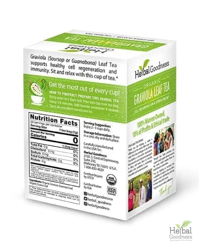 Soursop Leaf Tea Graviola Leaves - Organic 24/2g Tea Bags - Immunity &amp; Cell Renew Tea &amp; Infusions Herbal Goodness Case (6) 