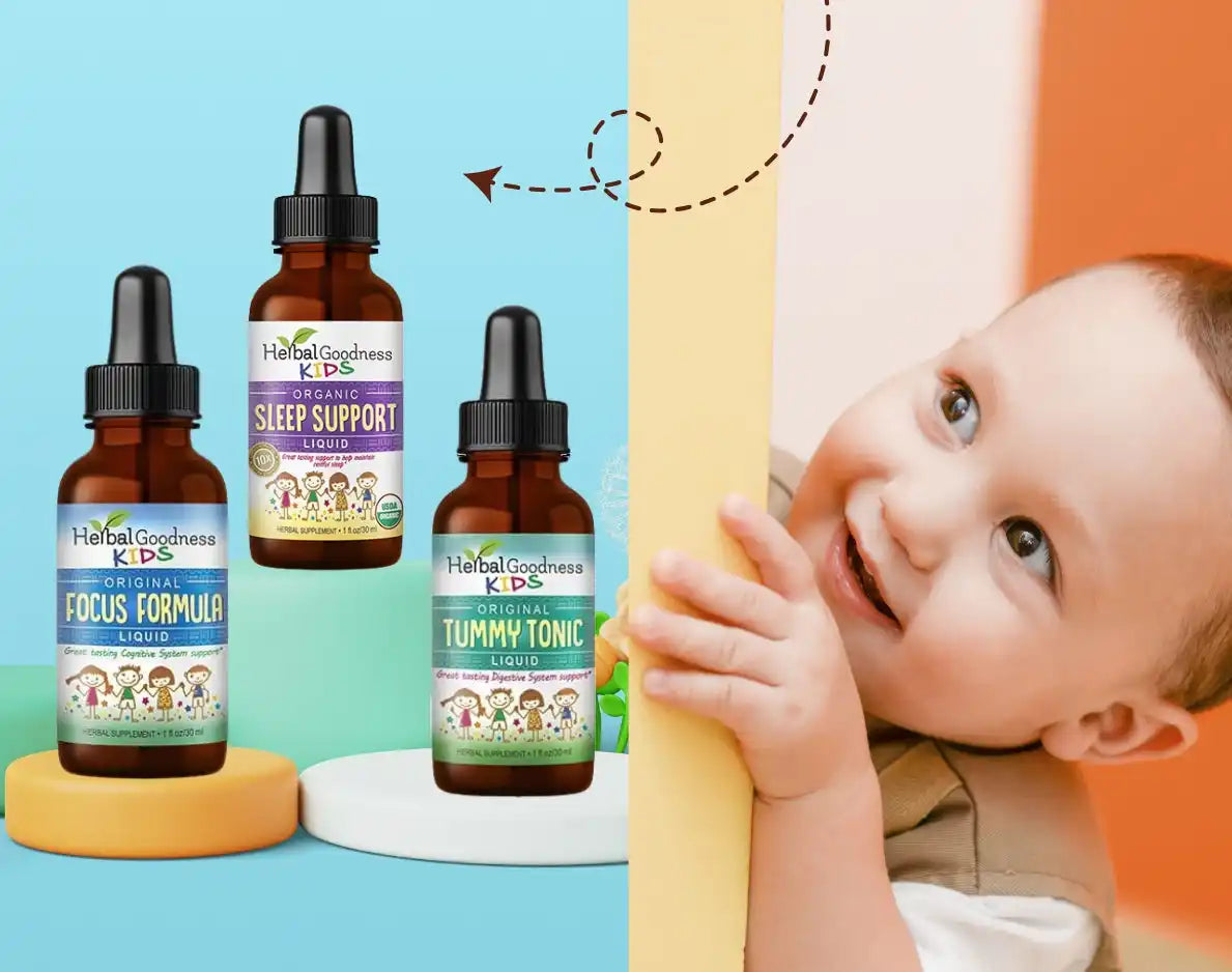 Three dropper bottles of herbal supplement formulas for children.