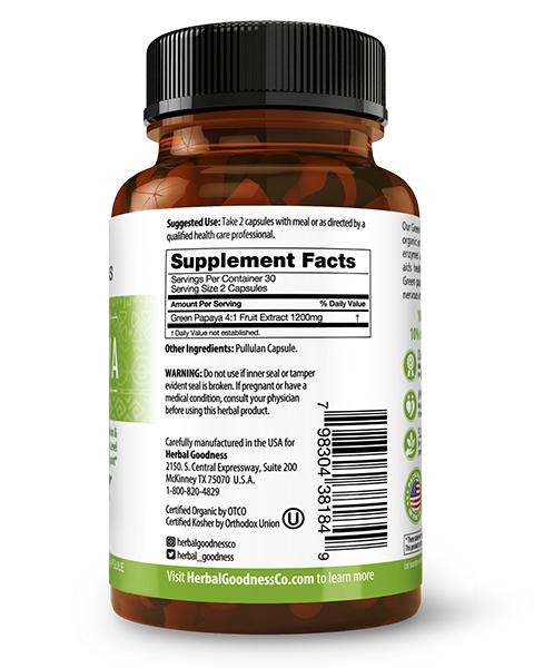 Green Papaya Fruit Extract - Capsules 60/600mg - 4X Strength - Digestion & Enzyme Level Support - Herbal Goodness - Herbal Goodness