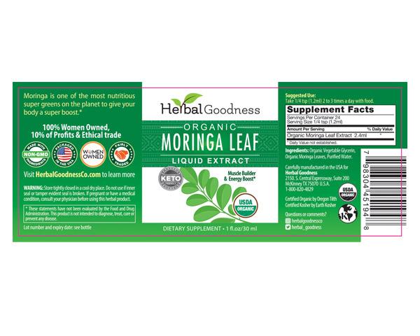 Moringa Leaf Extract Liquid - Muscle Builder - Energy Support - Vegan Protein - 9 essential Amino Acids - Immune Boost - Organic, Non gmo - 1 oz Liquid Extract Herbal Goodness 