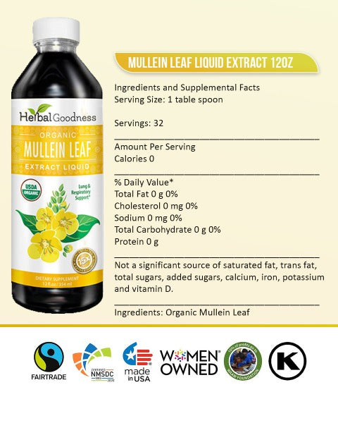 Mullein Leaf Extract - Organic 12 oz liquid - Lung & Respiratory Support - Herbal Goodness Liquid Extract Herbal Goodness 