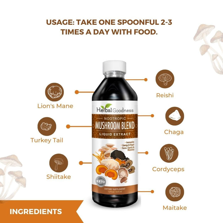 Mushroom Blend Extract - Organic - Liquid 12oz - Brain Boost, Nootropic Health, Joint & Immunity - Herbal Goodness Liquid Extract Herbal Goodness 